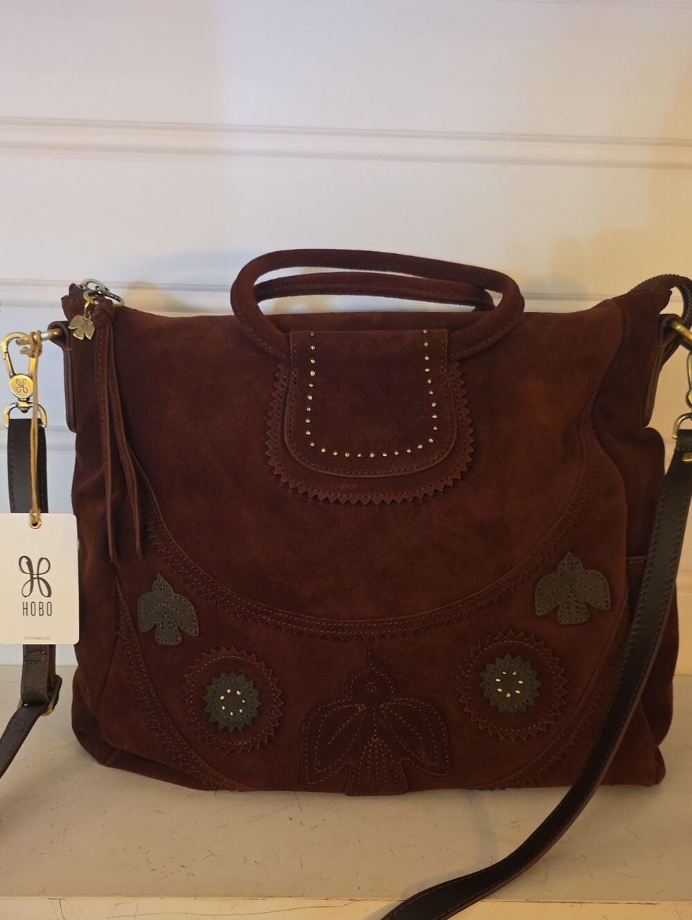 HOBO Chocolate Brown Suede Embroidered Shoulder Bag